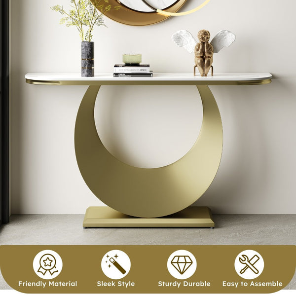 English Elm Premium Faux Marble Half Moon Console Table Gold Base Narrow Entryway Accent W2700S00084