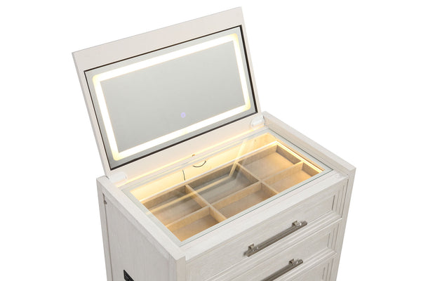 English Elm Bedside Vanity Set with LED Mirror, Jewelry Storage, Charging Ports, Felt Lined Tray, Stool Storage White 34 L x 22 W x 39 H B2741P380817