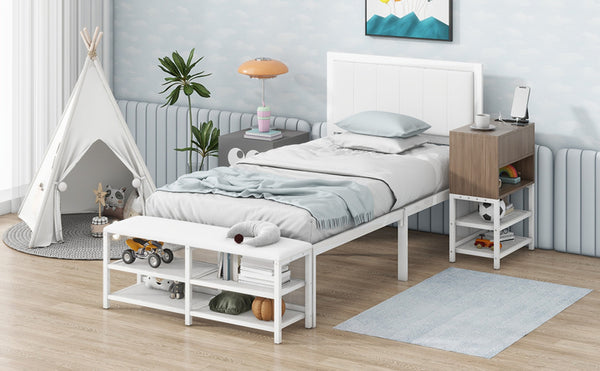 English Elm Twin Metal Platform Bed With Cushioned Footrest, Two-Tier Shelves & Wooden Storage Cabinet, White N737P199330K-GIGA