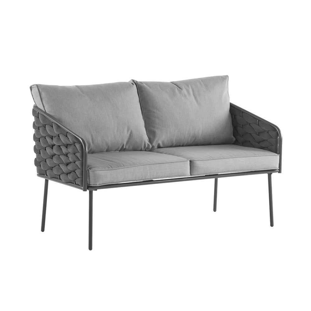 English Elm Christopher Knight Home® - 4-Pieces Outdoor Metal Patio Furniture Set with Deep-Seat Cushions, Teslin Rope, Wood-Look Tabletop, Rust-Resistant Frame Grey N780P2540701G