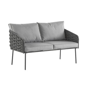 English Elm Christopher Knight Home® - 4-Pieces Outdoor Metal Patio Furniture Set with Deep-Seat Cushions, Teslin Rope, Wood-Look Tabletop, Rust-Resistant Frame Grey N780P2540701G