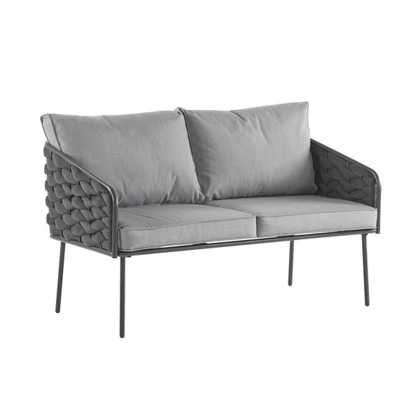 English Elm Christopher Knight Home® - 4-Pieces Outdoor Metal Patio Furniture Set with Deep-Seat Cushions, Teslin Rope, Wood-Look Tabletop, Rust-Resistant Frame Grey N780P2540701G