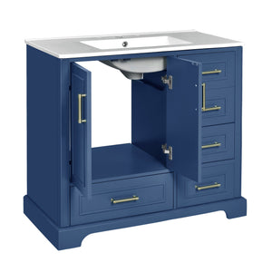 English Elm 36" Traditional Bathroom Vanity with Ceramic Sink, Solid Wood Cabinet, Soft-Close Doors & Drawers Blue N729P251630C