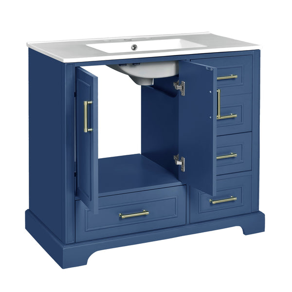 English Elm 36" Traditional Bathroom Vanity with Ceramic Sink, Solid Wood Cabinet, Soft-Close Doors & Drawers Blue N729P251630C