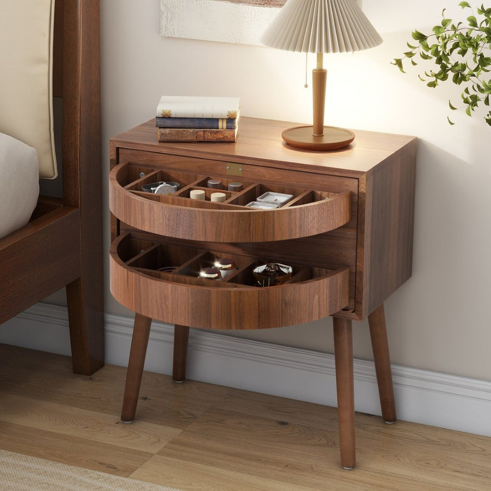 English Elm Rotating Rattan Nightstand Push Open Hidden Storage Mid Century Wood Leg Bedside Walnut N761P288451N