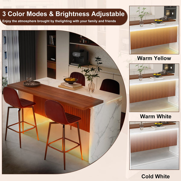 English Elm 63-Inch Modern Kitchen Island Set With 4 Dark Brown Bar Stools - Elegant Marble Surface & Led Glow W2699S00069