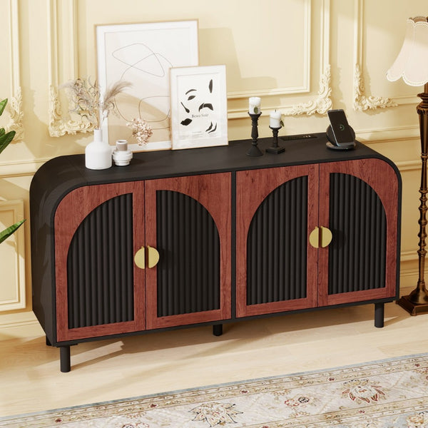 English Elm Vintage Arched Four Door Buffet Cabinet Mdf Wood Grain Finish with Soft Close Hinges W688P389191