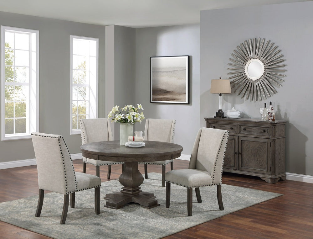 English Elm Traditional Round Pedestal Dining Set Oak Wingback Chairs Nailhead Upholstery Seats Four B011S01037