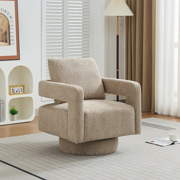 English Elm 29.13" Swivel Accent Chair — Modern Bouclé Rotating Lounge Seat with Removable Cushion & Solid Wood Frame taupe W3188P280196