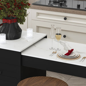 English Elm 74.8" Rolling Kitchen Island Extendable Marble Veneer Top with Power Outlet and Storage W2700S00106