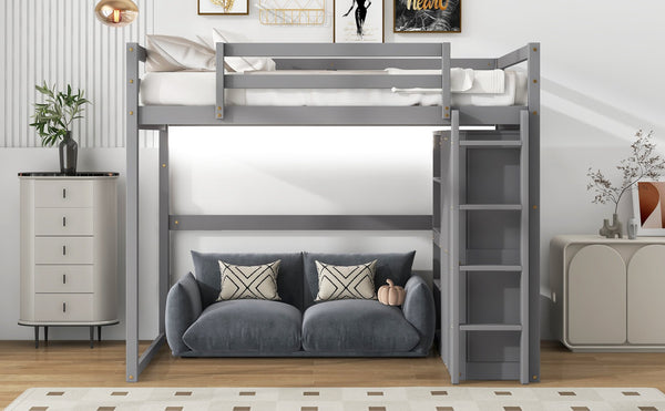 English Elm Wood Full Size Loft Bed with Built-in Wardrobe, 4-Tier Storage Shelves, LED Light, Pine MDF Durable Gray GX000463AAE