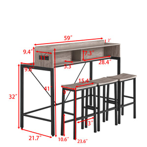 English Elm 59 Modern 59" Bar Table Set with LED Multicolor Lights, Built-In Power Socket & 3 Stools, Sturdy Grey W2972P313230