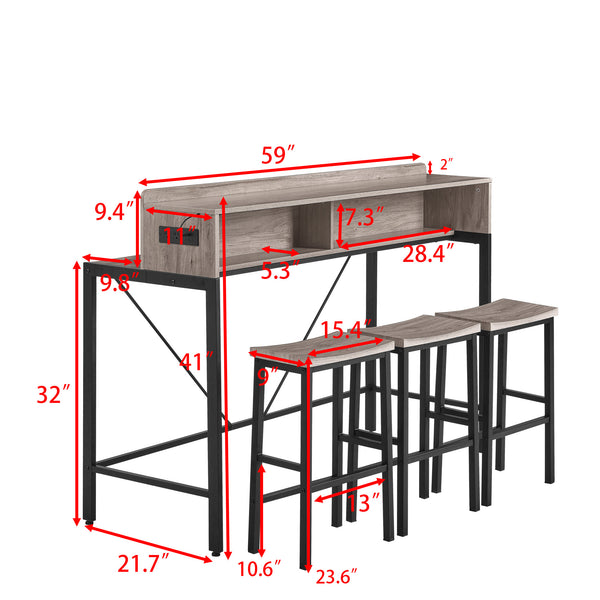 English Elm 59 Modern 59" Bar Table Set with LED Multicolor Lights, Built-In Power Socket & 3 Stools, Sturdy Grey W2972P313230