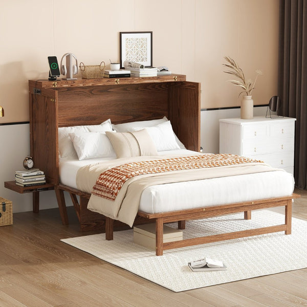 English Elm Full Size Pine Cabinet Murphy Bed with Usb Charging Side Shelves for Guest Rooms W504S00221
