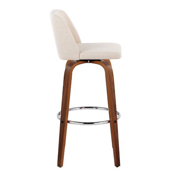 English Elm Toriano 30" Mid-Century Modern Barstools Set Of 2 With Swivel, Walnut Wood & Cream Fabric Comfort B202S00676-GIGA