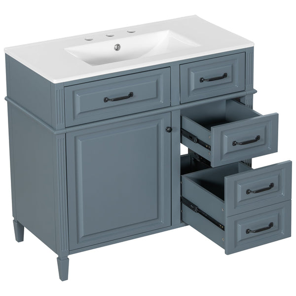 English Elm 36-Inch Modern Bathroom Vanity With Ceramic Sink Top, Storage Drawers, And Stylish Blue Gray Finish N725P350849E