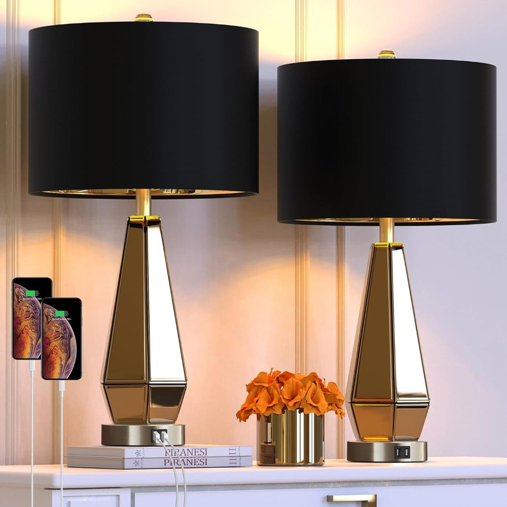 English Elm Set of 2 Mirrored Hexagonal Bedside Lamps with Usb Ports and Gold Foil Shades W3355P427415