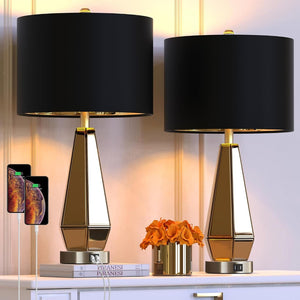 English Elm Set of 2 Mirrored Hexagonal Bedside Lamps with Usb Ports and Gold Foil Shades W3355P427415