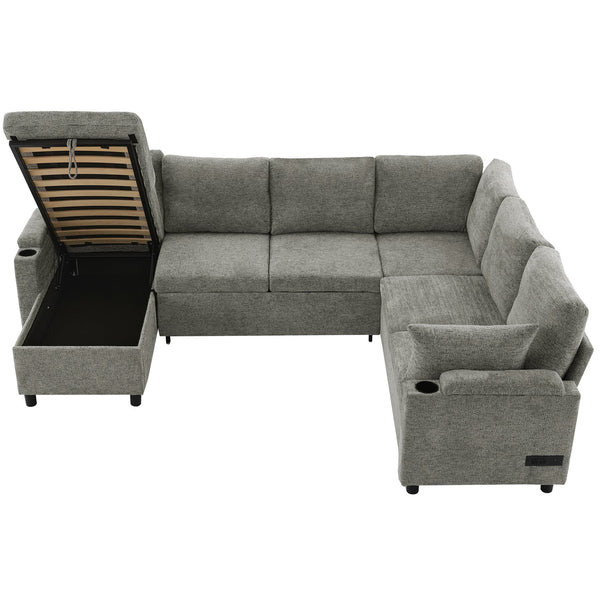 English Elm 109.9" Sectional Sofa Bed U-Shaped Pull-Out Sleeper with Storage Chaise, Cup Holders, USB Ports & Chenille Comfort LIGHT GREY N719S001910R