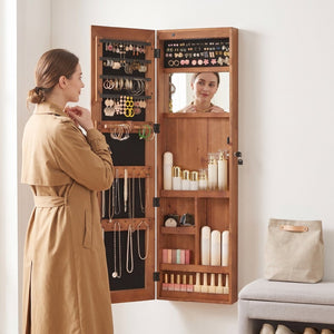 English Elm Solid Wood Wall Mounted Jewelry Armoire with Led Lighting Auto Activated Mirror Cabinet Brown W2640P356585