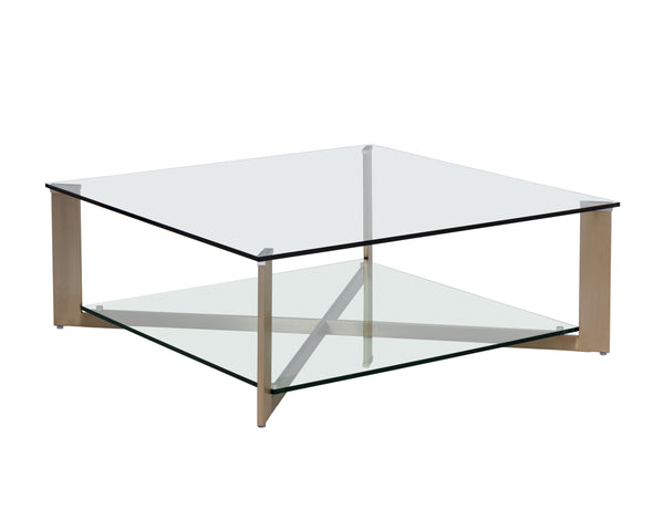 Sunpan Xavier Coffee Table - Modern Tempered Glass with Antique Brass Frame, Perfect for Stylish Decor Square - 43.25W x 43.25D x 16H