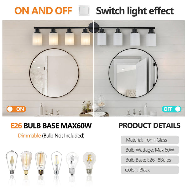 English Elm 52" Modern 8-Light Vanity Bathroom Wall Sconce - Frosted Glass & Black Iron Design For Stylish Illumination W2312P374808