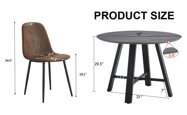 English Elm Table Modern Minimalist 42" Round Dining Set With 4 Ergonomic Brown Chairs & Black Metal Legs W1151S04062-GIGA