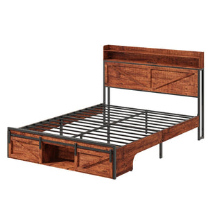 English Elm Queen-size Platform Bed with Led Headboard Storage Footboard and Built-in Charging Brown W5026P429527