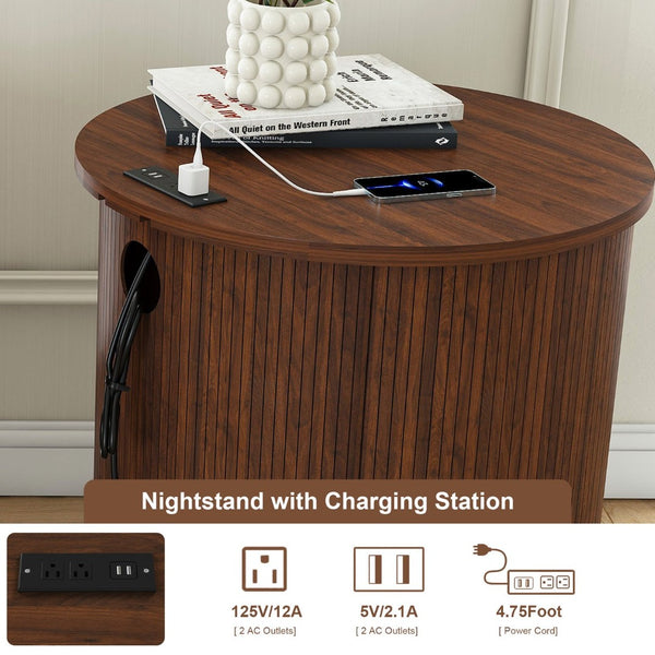 English Elm Mid Century Walnut Round End Table with Charging Station and Sliding Door Storage W2700P385517