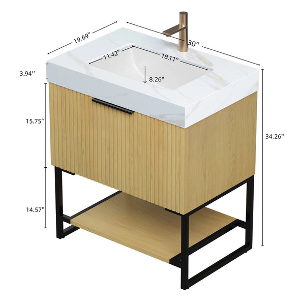 English Elm Yolan 30 Inch Freestanding Bathroom Vanity Plywood Cabinet Sintered Stone Top Oak Finish Black,Carrara White,Golden Oak W2615S00650
