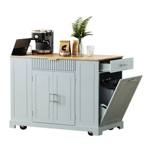 English Elm K&k Rolling Kitchen Island Rubber Wood Top Fluted Cabinet Built-in Charging Station Grey+Blue N707S221571G