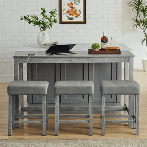 English Elm 59 Inch Bar Table with Built-In Power Outlet and 3 Upholstered Stools, Sturdy MDF & Solid Wood Design for Kitchen Dining Living Room Grey W2972P277848