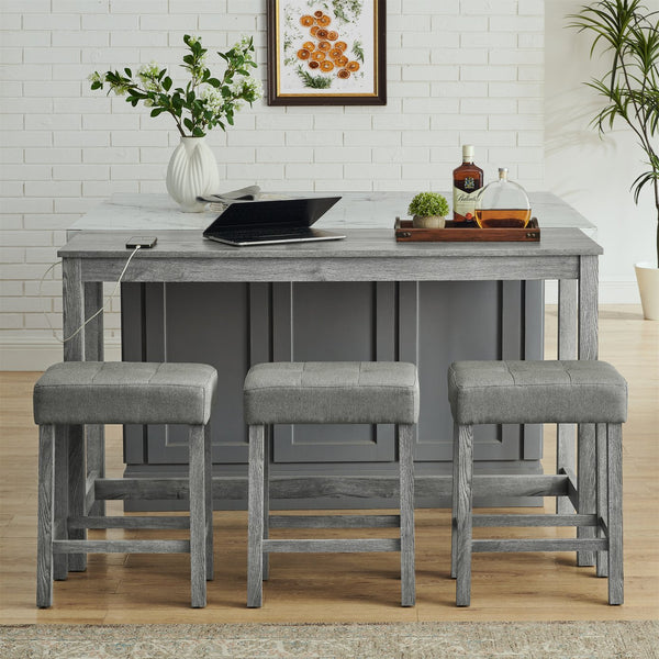 English Elm 59 Inch Bar Table with Built-In Power Outlet and 3 Upholstered Stools, Sturdy MDF & Solid Wood Design for Kitchen Dining Living Room Grey W2972P277848