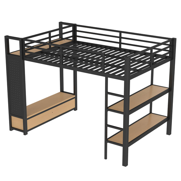 English Elm Full Size Loft Bed Frame With Integrated Wardrobe, Storage Shelves, And Pegboard For Smart Living W1580S00232