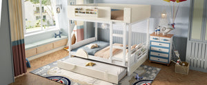 English Elm Full Bunk Bed with Trundle Bookshelf Storage Pine Frame Car Design for Kids Beige+White W1580S00444