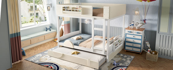 English Elm Full Bunk Bed with Trundle Bookshelf Storage Pine Frame Car Design for Kids Beige+White W1580S00444
