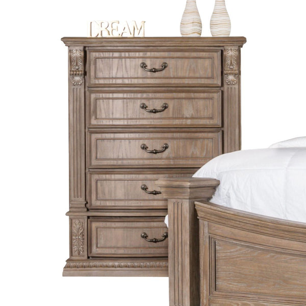 English Elm Transitional Elegant Five-Drawer Chest with Antique Hardware and Deep Storage for Clutter-Free Bedroom Oak 44 L x 23 W x 58 H B2741P380215