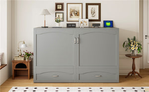 English Elm Queen Murphy Wall Bed with Drawers Usb Charging Ports Pulley Lift Mdf Cabinet Gray LP100671AAE-1