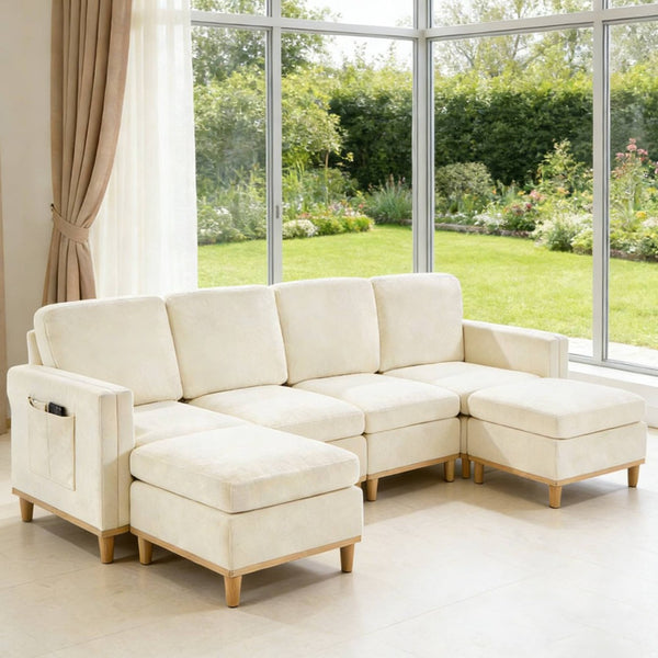 English Elm Modern Modular Sectional Sofa with Plush Cushions and Tapered Legs for Living Rooms Beige+White W2085S00106