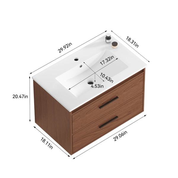 English Elm 30" Wall Mounted Bathroom Vanity Reddish Brown Mdf Two Soft Close Drawer Ceramic Sink W3133S00021