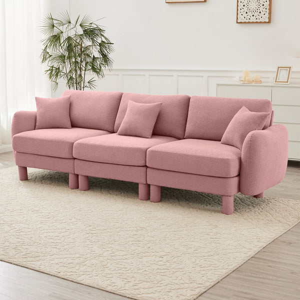 English Elm Boucle 3-Seater Sofa Couch - Elegant Shell-Shaped Armrests, Plush Comfort, Chic Pink Design For Living Spaces W3041S00292