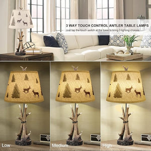 English Elm Farmhouse Deer Antler Table Lamps Set of 2 — Rustic Touch Dimmable Nightstand Lamps with Dual USB Ports W3355P391473
