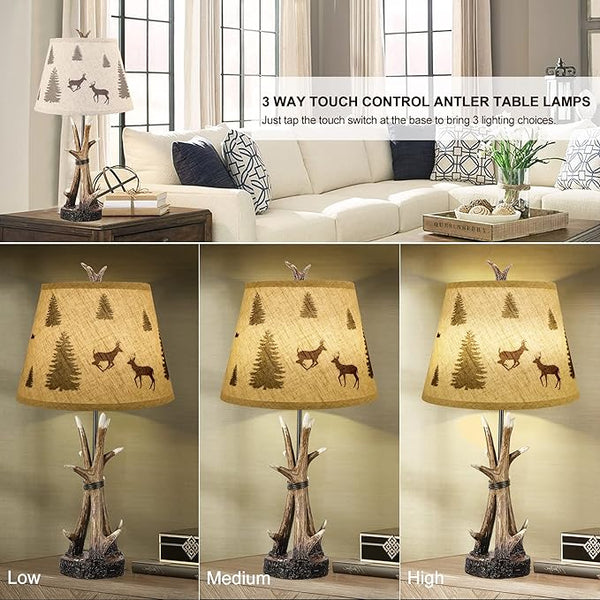 English Elm Farmhouse Deer Antler Table Lamps Set of 2 — Rustic Touch Dimmable Nightstand Lamps with Dual USB Ports W3355P391473