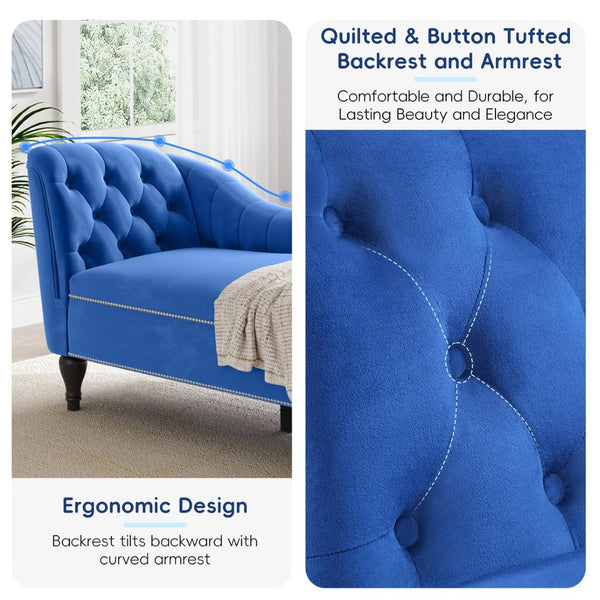 English Elm 58'' Velvet Chaise Lounge Tufted Right Arm Sleeper with Nailhead Trim Turned Wood Legs N723P431292C