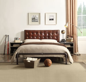 English Elm Brancaster Vintage Brown Queen Bed - Top Grain Leather Button Tufted Headboard, USB Nightstand, 660lb Capacity B2726S00449