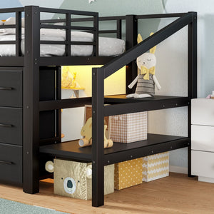 English Elm Twin Metal Low Loft Bed with Storage Stairs Fabric Drawers and Built-in Lights Black W5305S00045