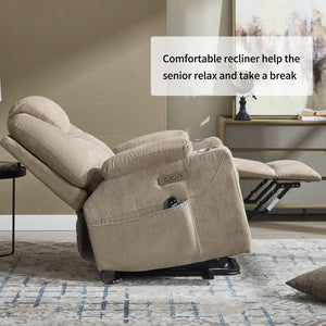 English Elm Up to 350 Lbs Chenille Power Lift Recliner with Massage Heating and Usb Charging Ports Khaki W3224S00026