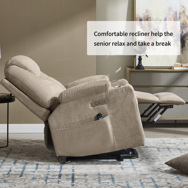 English Elm Up to 350 Lbs Chenille Power Lift Recliner with Massage Heating and Usb Charging Ports Khaki W3224S00026