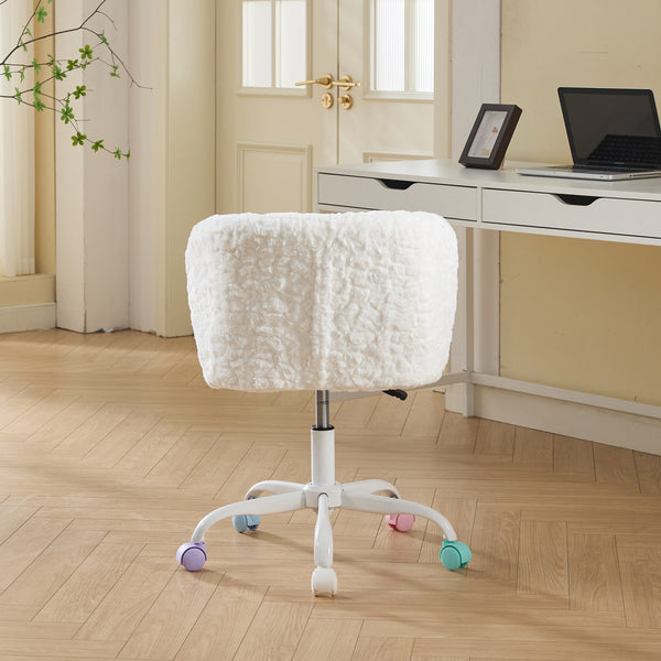 English Elm A&A Plush Faux Fur Office Chair with Ergonomic Wrap Back, Stable Metal Base, Breathable, Cute Wheels Ivory W1143P324154