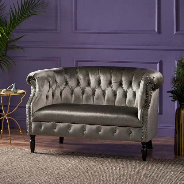 English Elm Christopher Knight Home® - LOVESEAT Chesterfield Velvet Loveseat with Deep Button Tufting, Scrolled Arms & Nailhead Trim for Elegant Comfort Grey 61203.00NVLT